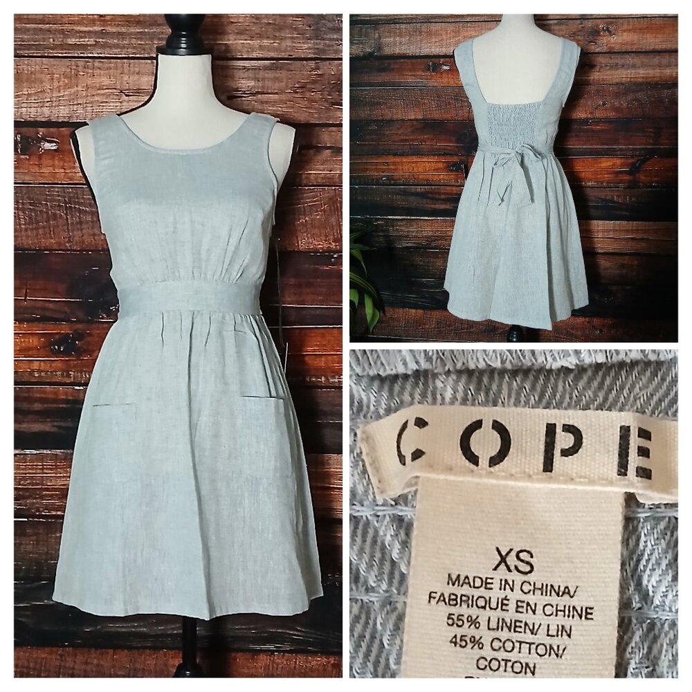 NWT COPE Urban Outfitters Dress XS Natural Fibers Linen Cotton Gray Smocked